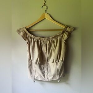 Y2K Tan Off-Shoulder Button-Up Top